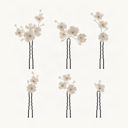 Ceramic Floral Crystal Accent U Pin Set in Black [FITINY Hair]