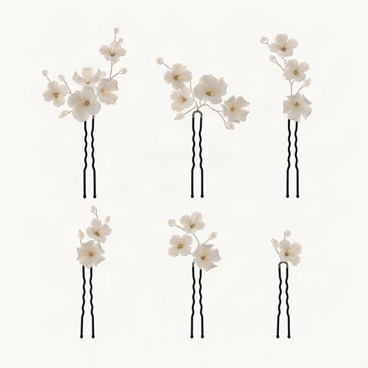 Ceramic Floral Crystal Accent U Pin Set in Black [FITINY Hair]