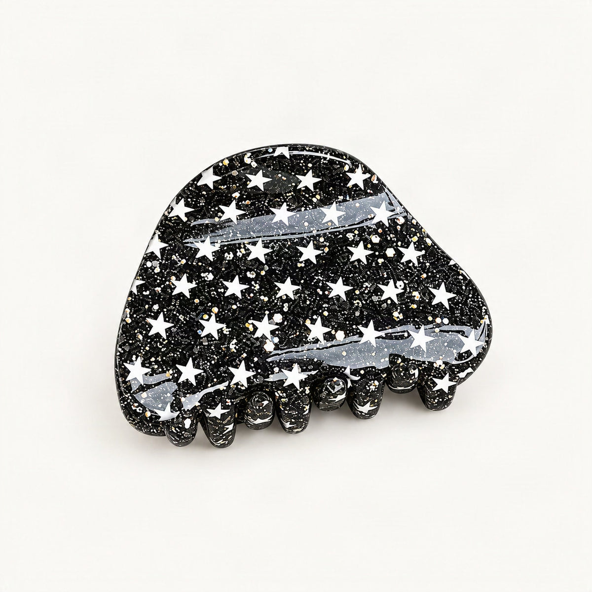 Black glitter star acrylic claw clip shown from the front [FITINY Hair]
