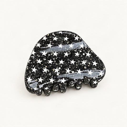 Black glitter star acrylic claw clip shown from the front [FITINY Hair]