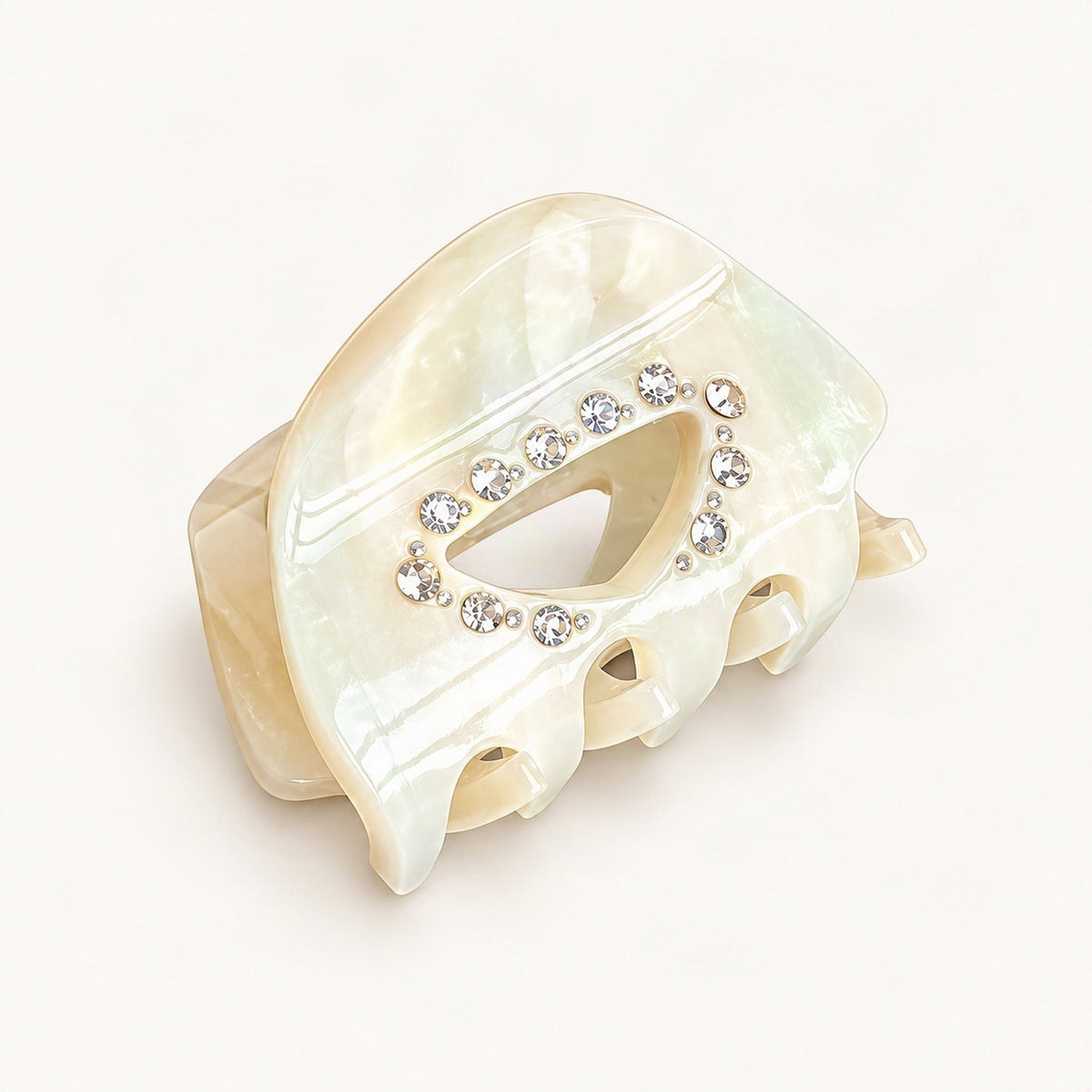 Small beige floral cellulose acetate claw clip with rhinestone-style detailing [FITINY Hair]