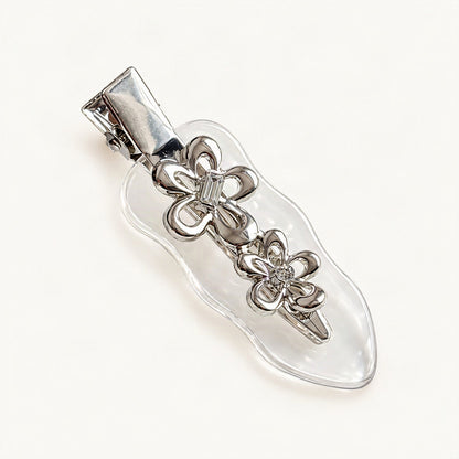 Acetate Side Hair Clip with Metal Flower Detail, 6.5 cm in White [FITINY Hair]