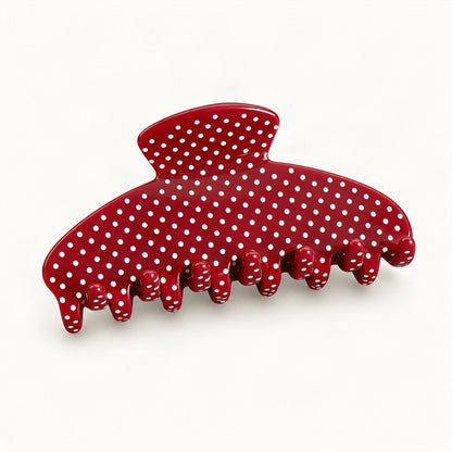 Red polka dot acetate hair clip viewed from the front [FITINY Hair]