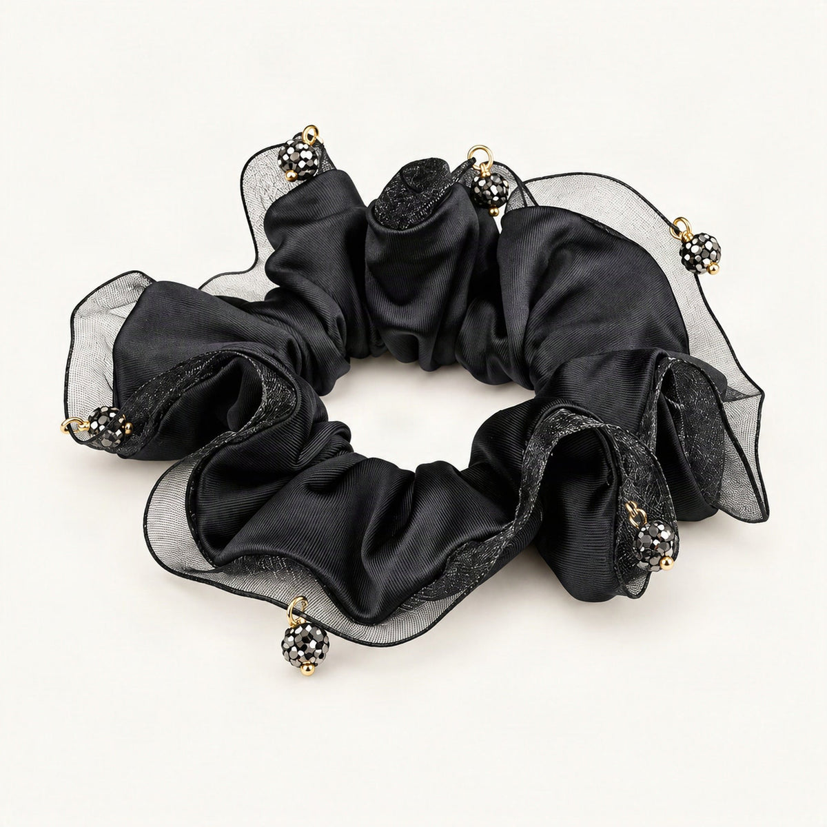 Black satin scrunchie with sheer ruffle and rhinestone dangles [FITINY Hair]