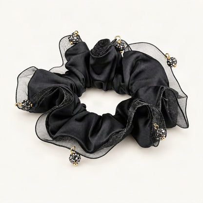 Black satin scrunchie with sheer ruffle and rhinestone dangles [FITINY Hair]