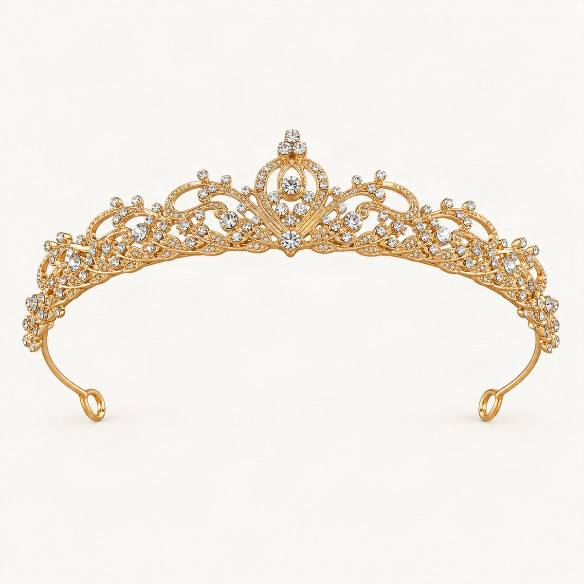 Ornate gold rhinestone crown headband displayed against blue fabric [FITINY Hair]