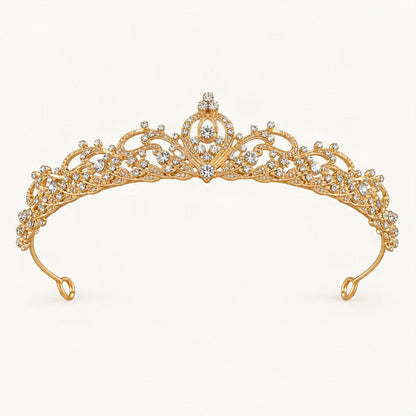 Ornate gold rhinestone crown headband displayed against blue fabric [FITINY Hair]
