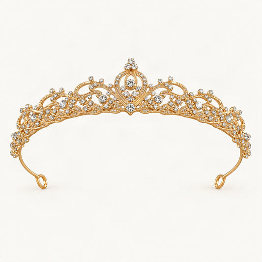 Ornate gold rhinestone crown headband displayed against blue fabric [FITINY Hair]