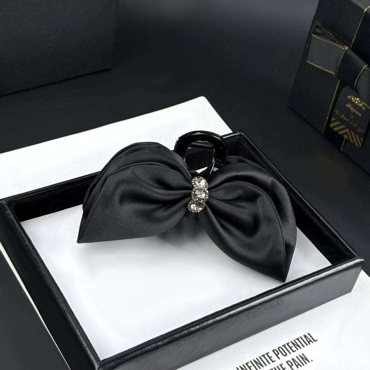 Large Satin Bow Claw Clip with Rhinestone Center in Black