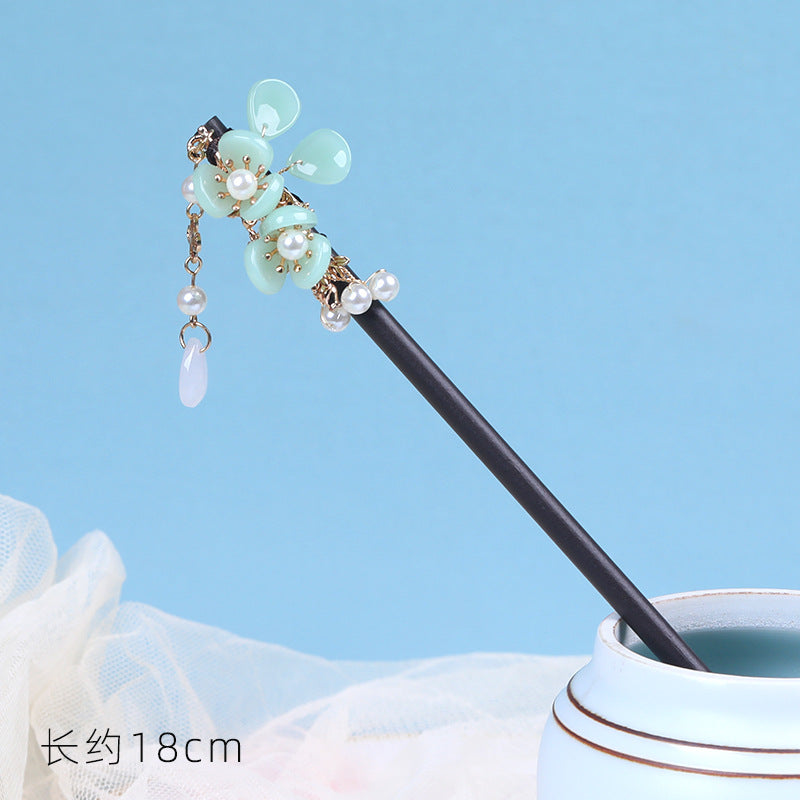 Double Blossom Wood Hair Stick with Dangle Chains, additional view 10