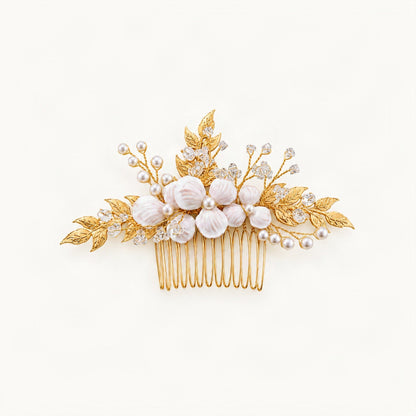 Gold floral hair comb with faux pearls and clear crystal accents [FITINY Hair]