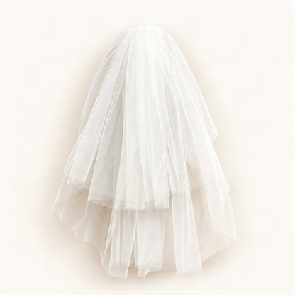 Two-Tier Bridal Tulle Veil, 70 cm, Comb or Clip Attachment in White, Full Tulle with Comb [FITINY Hair]