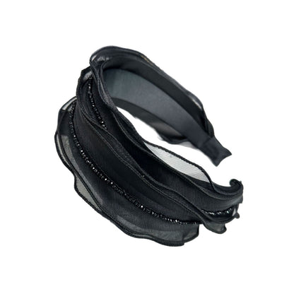 Black layered mesh headband with rhinestone trim