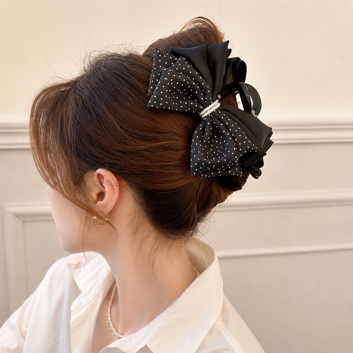 Polka Dot Bow Hair Claw Clip with Pearl Accent, additional view 3