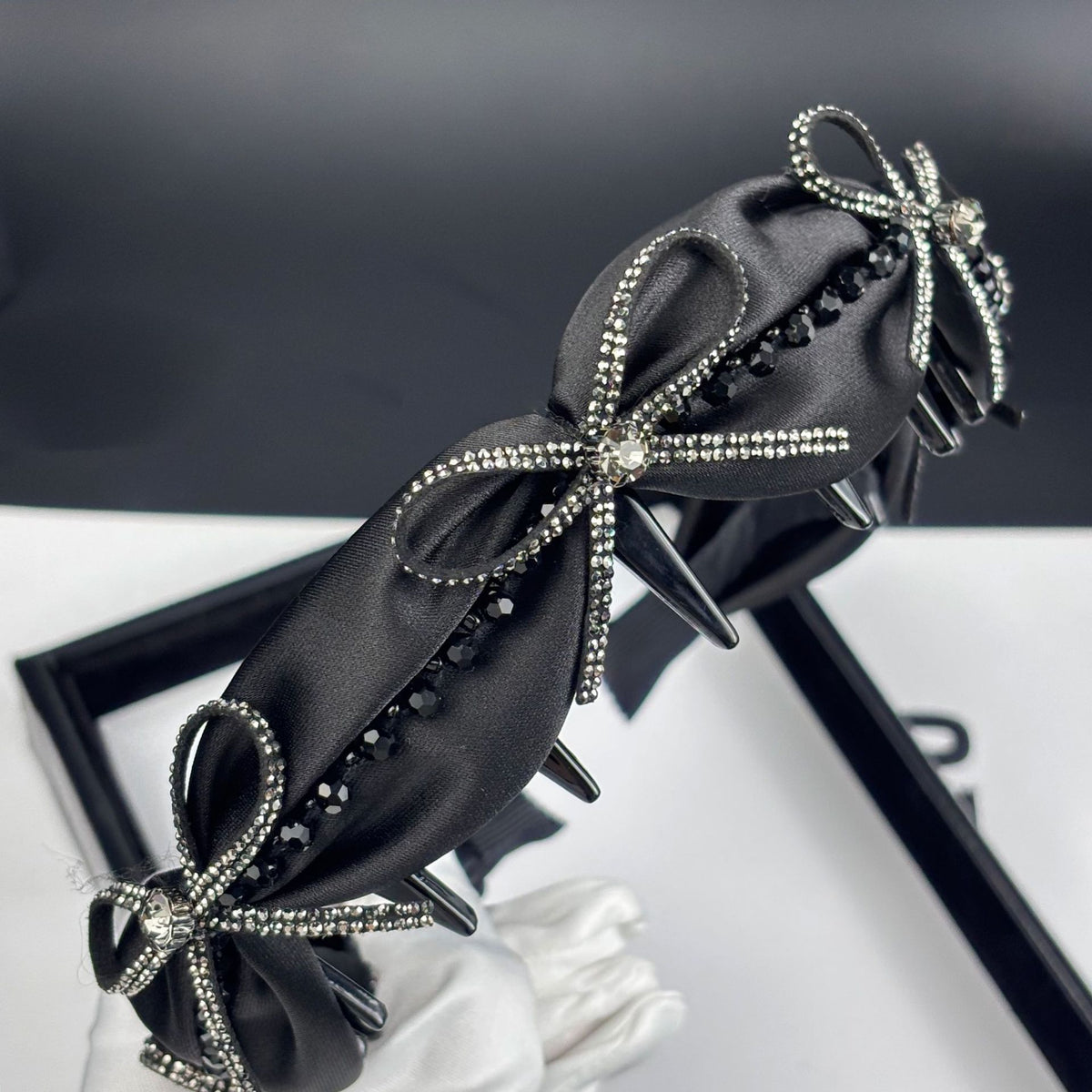 Satin Rhinestone Bow High Crown Toothed Headband, additional view 2