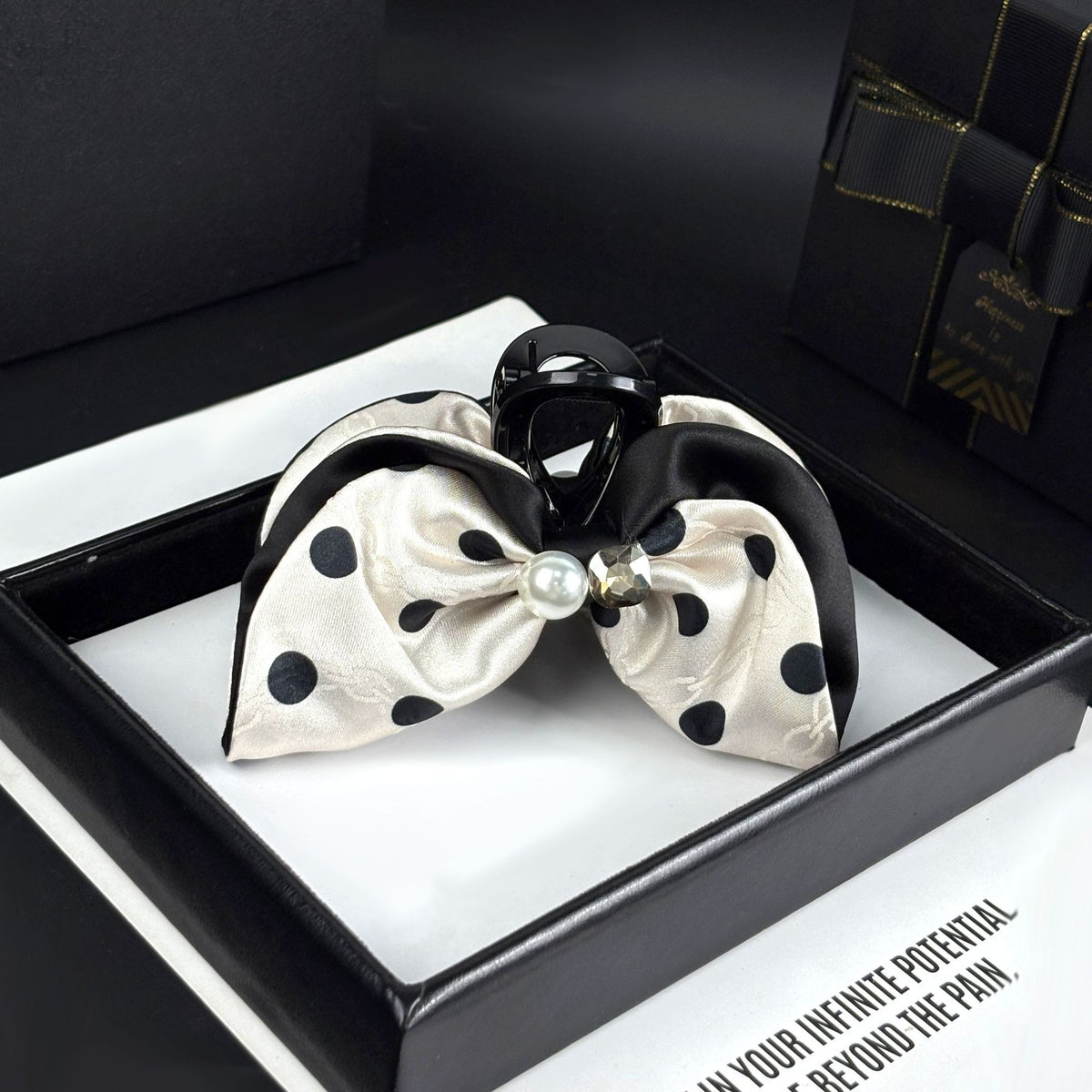 Satin Rhinestone Faux Pearl Polka Dot Bow Claw Clip in Black