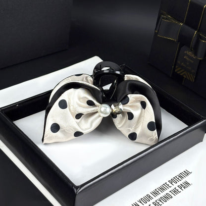 Satin Rhinestone Faux Pearl Polka Dot Bow Claw Clip in Black