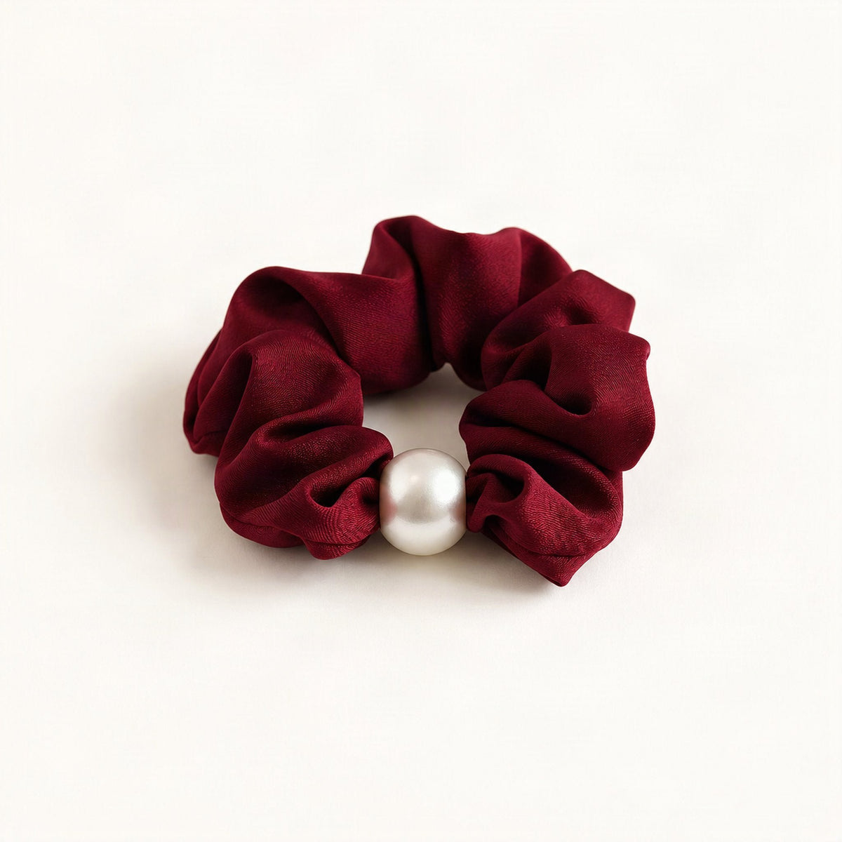 Satin Pearl Scrunchie - Elegant High Elasticity Hair Tie in Burgundy [FITINY Hair]