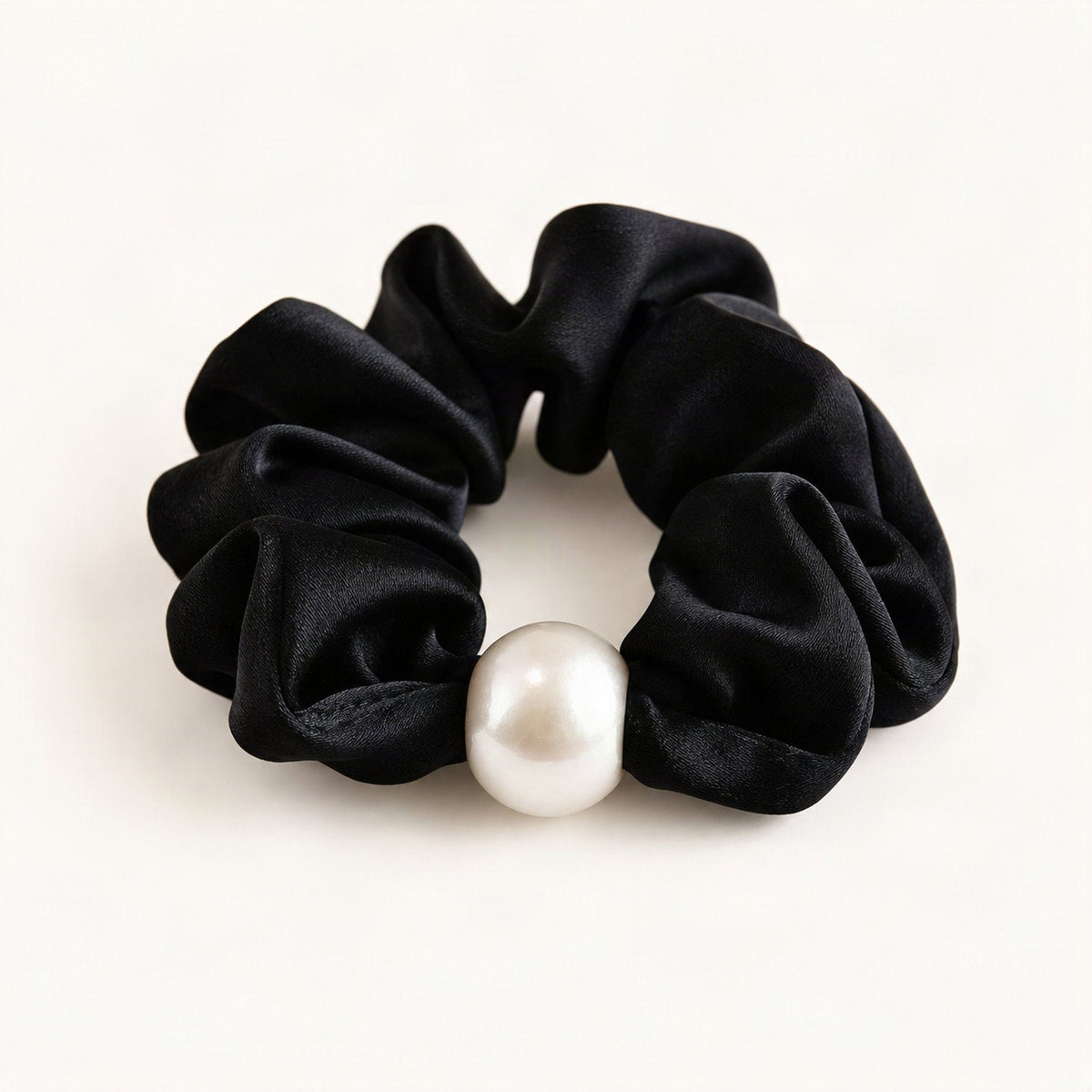 Satin Pearl Scrunchie - Elegant High Elasticity Hair Tie in Black [FITINY Hair]