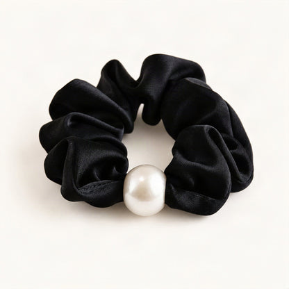 Satin Pearl Scrunchie - Elegant High Elasticity Hair Tie in Black [FITINY Hair]