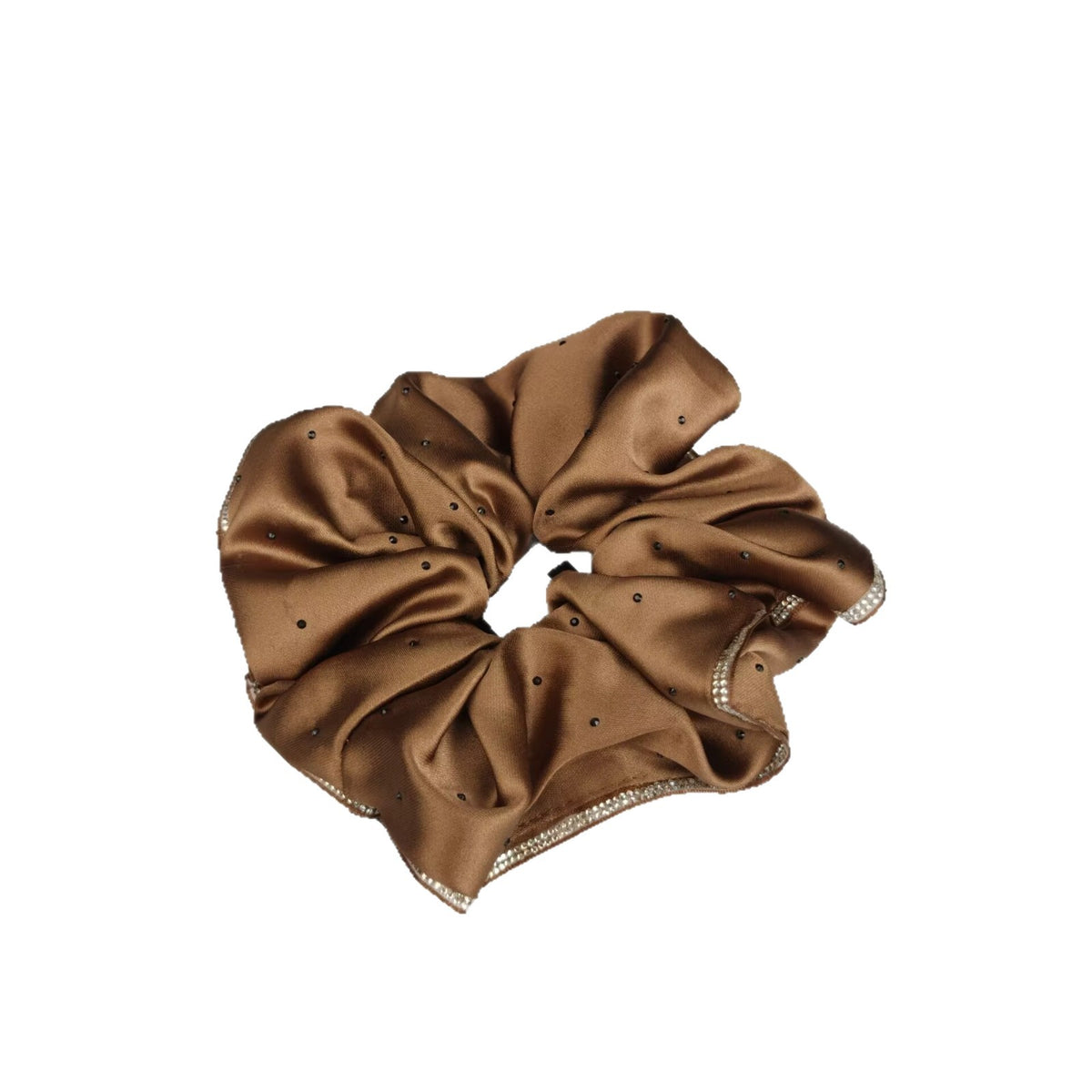 Close-up of a brown satin scrunchie with rhinestone edging