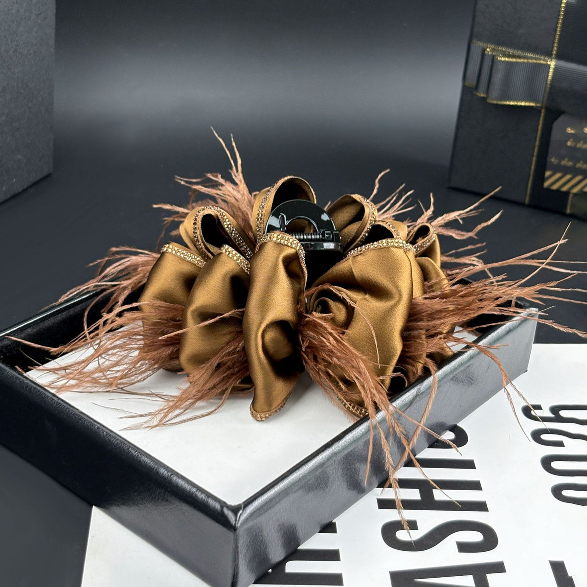 Satin Bow Feather Claw Clip with Rhinestone Trim, additional view 2
