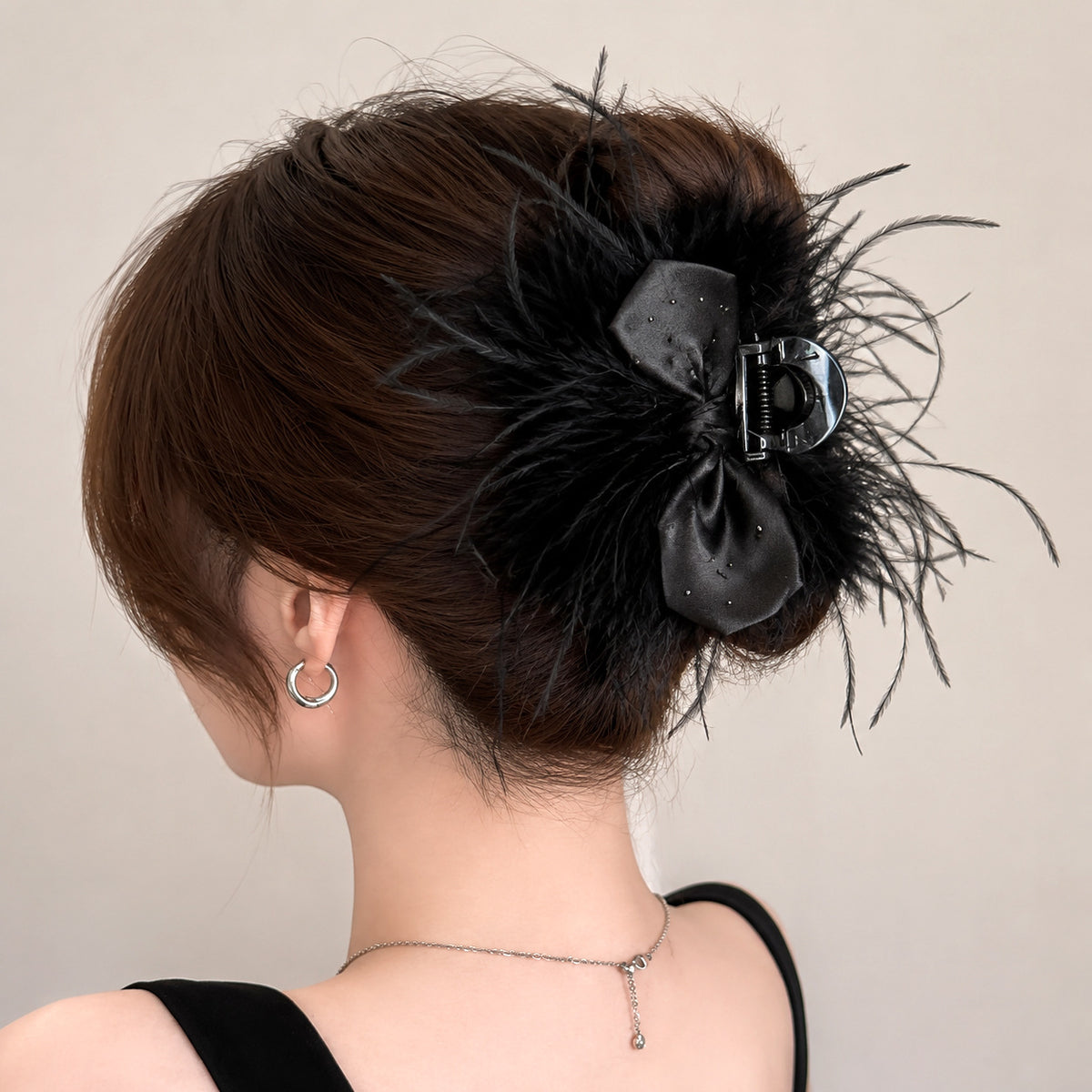 Ostrich Feather Rhinestone Satin Bow Hair Claw Clip, additional view 2