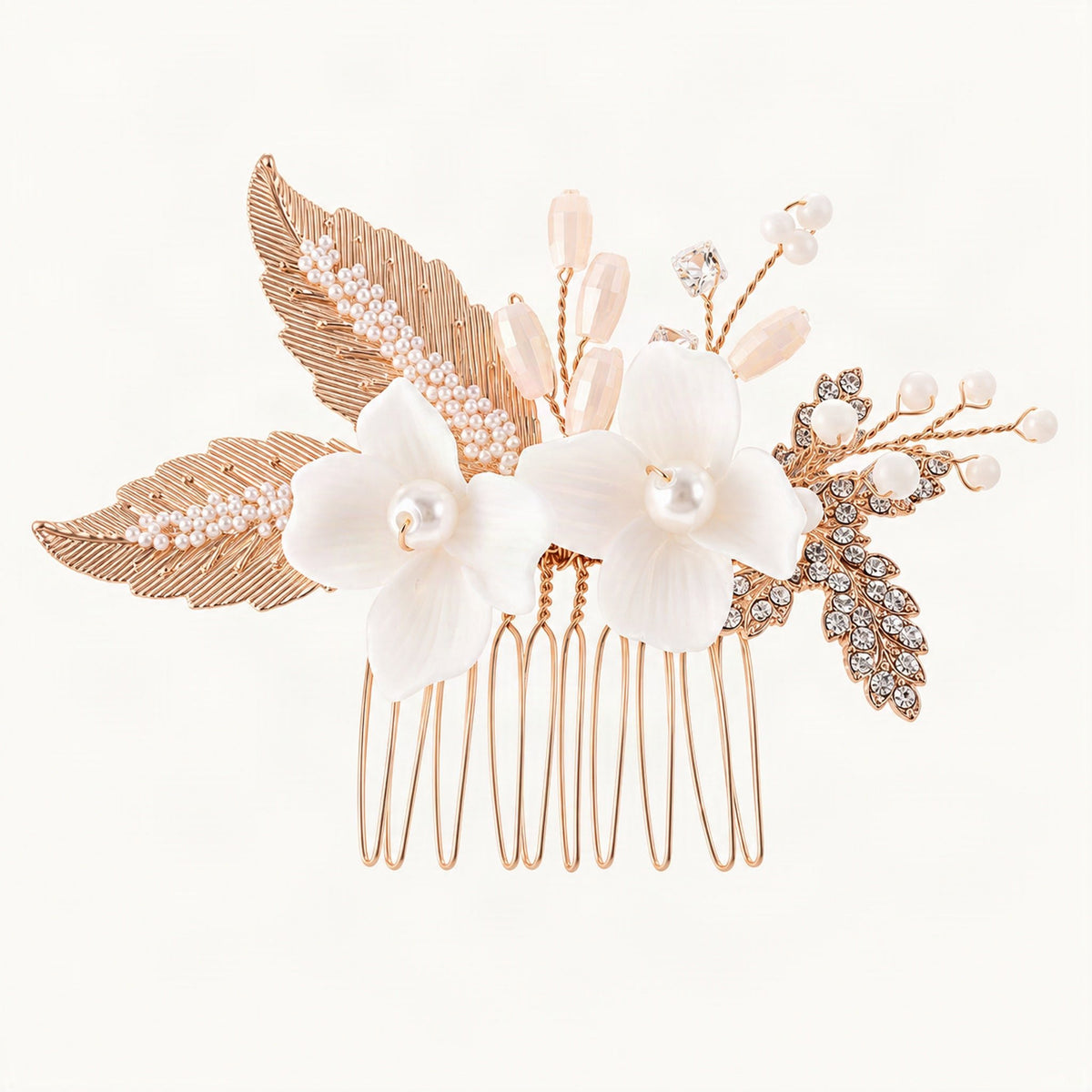 Ceramic Flower Hair Comb with Faux Pearls in Gold [FITINY Hair]