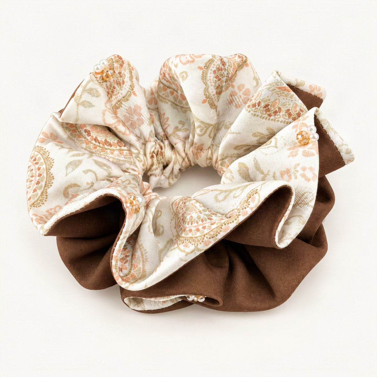 Fabric Double-Layer Ruffle Pearl Scrunchie in Brown [FITINY Hair]