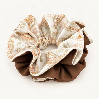 Fabric Double-Layer Ruffle Pearl Scrunchie in Brown [FITINY Hair]