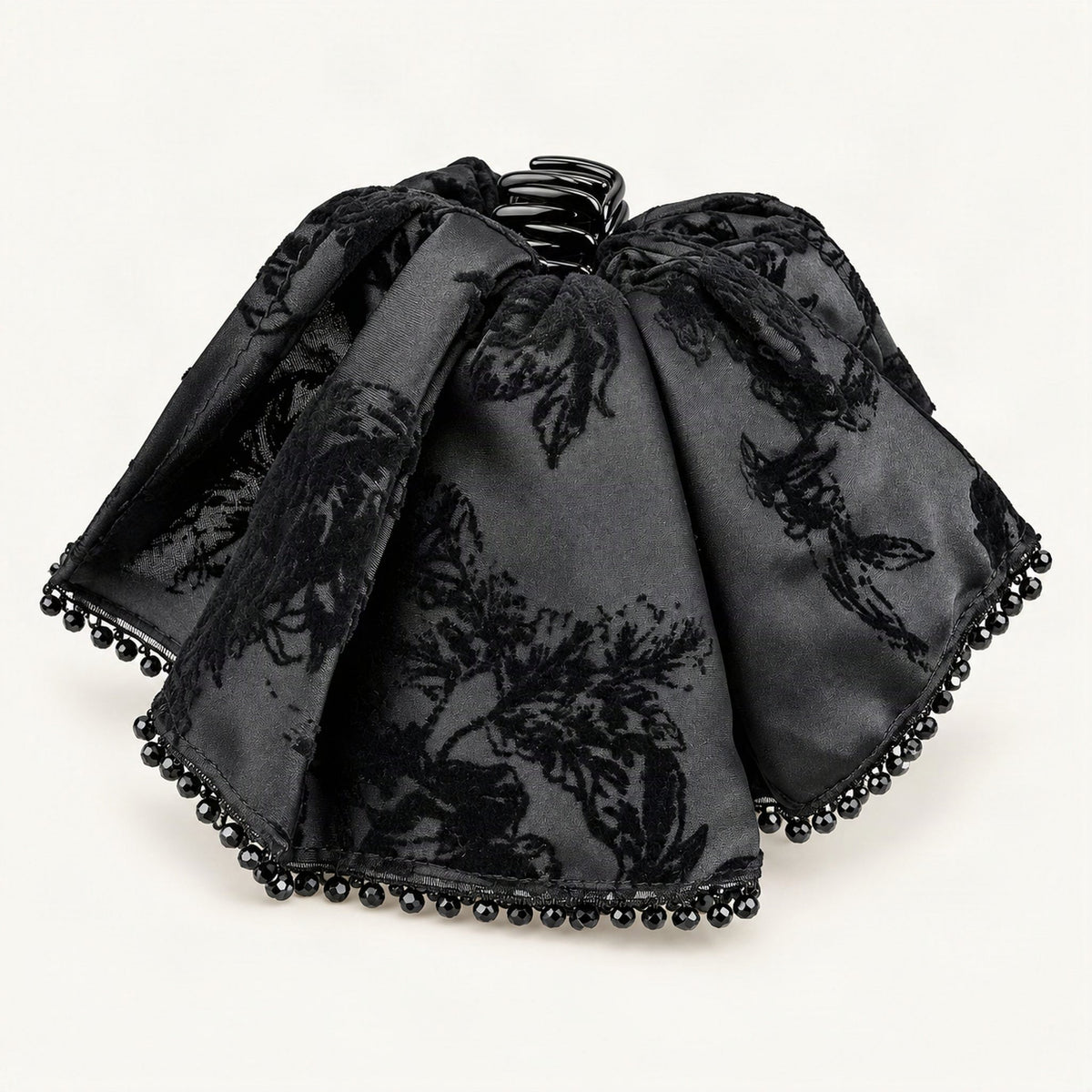 Draped Floral Velvet Claw Clip in Black, front view [FITINY Hair]