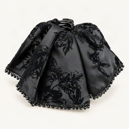 Draped Floral Velvet Claw Clip in Black, front view [FITINY Hair]