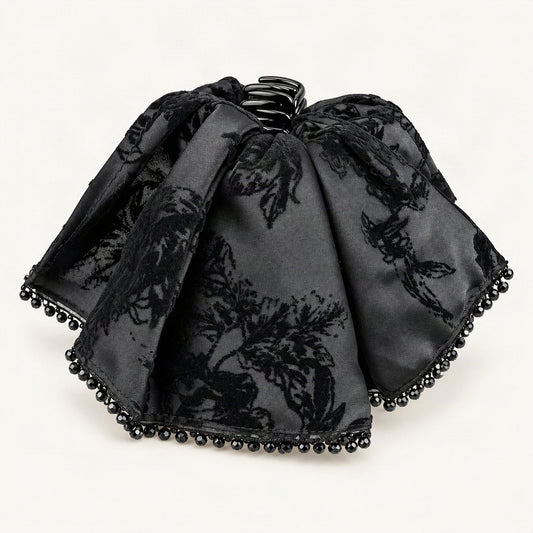 Draped Floral Velvet Claw Clip in Black, front view [FITINY Hair]