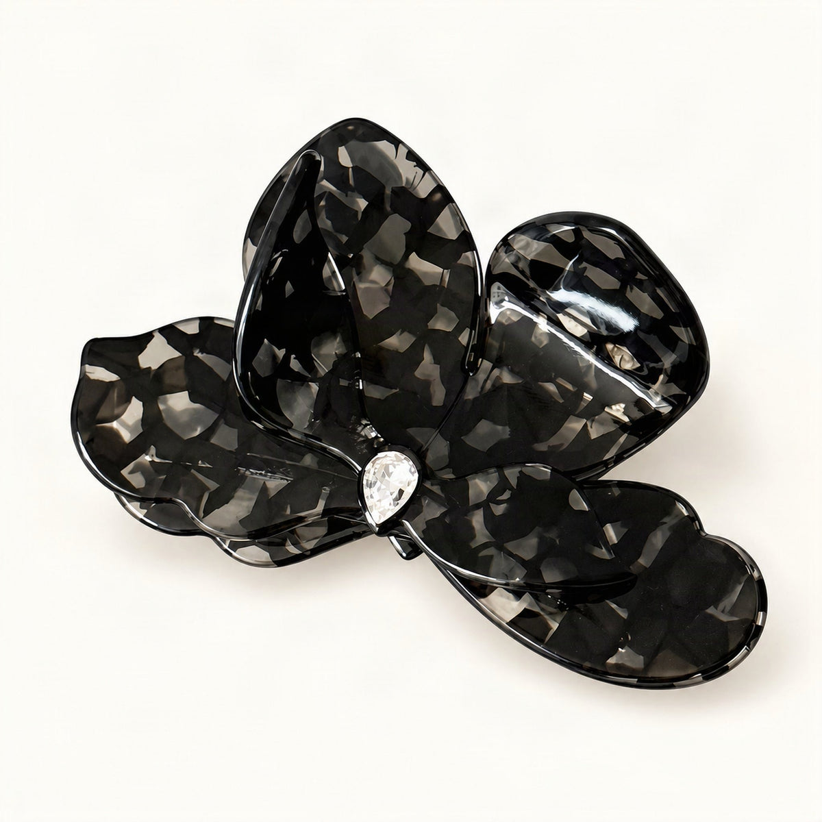 Black speckle acetate claw clip featuring sculpted bougainvillea flower and crystal detail [FITINY Hair]