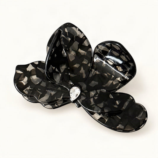 Black speckle acetate claw clip featuring sculpted bougainvillea flower and crystal detail [FITINY Hair]