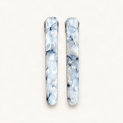 Slim Marbled Acetate Side Clips, Set of 2 in Blue & White [FITINY Hair]