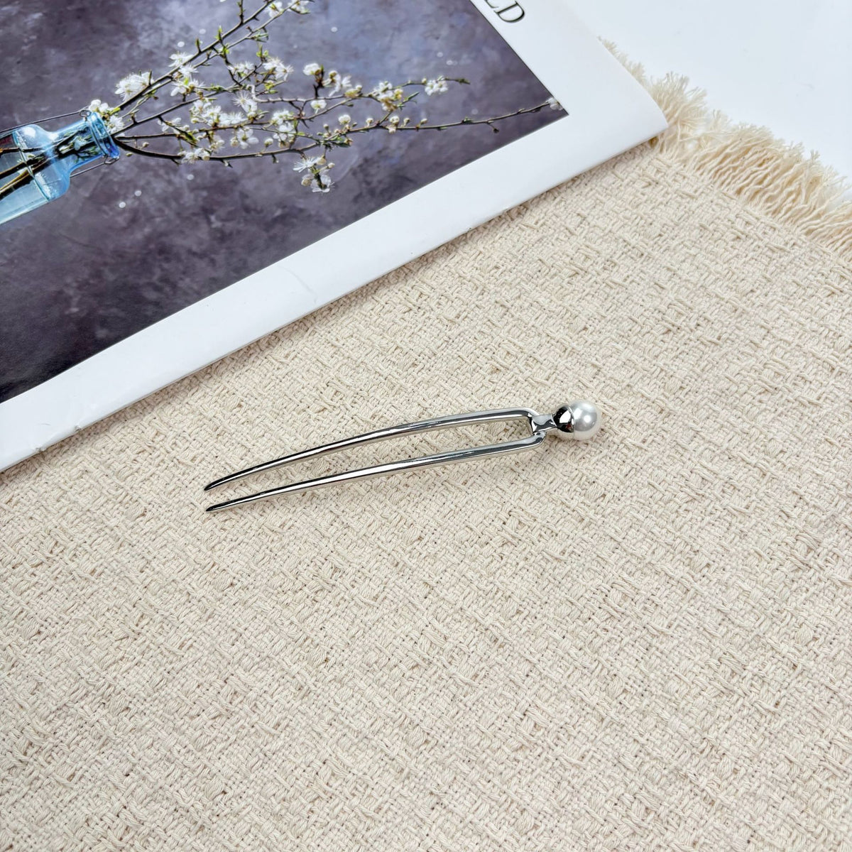 Faux Pearl Silver-Tone Metal U-Pin Hair Fork, additional view 4