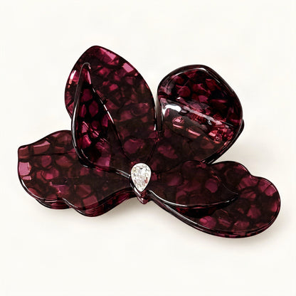 Burgundy 3D bougainvillea acetate claw clip with rhinestone accent on white background [FITINY Hair]