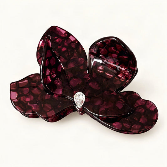 Burgundy 3D bougainvillea acetate claw clip with rhinestone accent on white background [FITINY Hair]