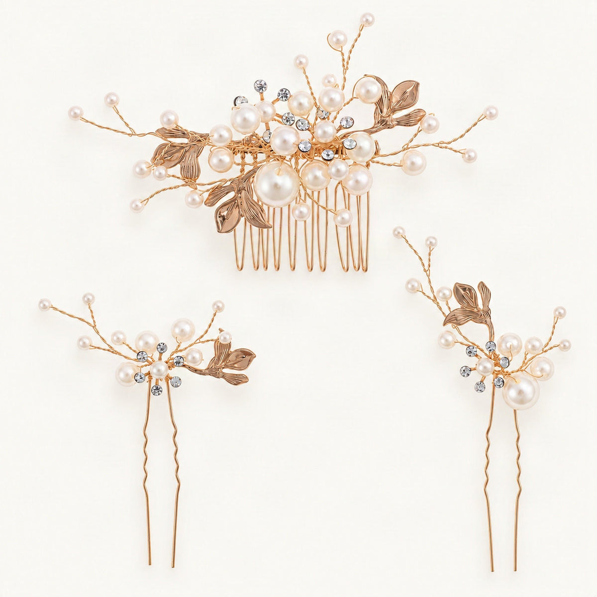Faux Pearl Leaf Bridal Comb and Pins Set in Gold, Set [FITINY Hair]