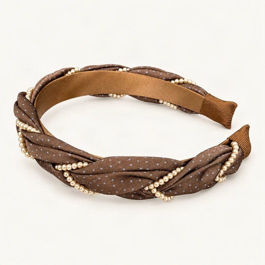 Satin Headband with Pearl Beading in Chocolate Polka Dot [FITINY Hair]