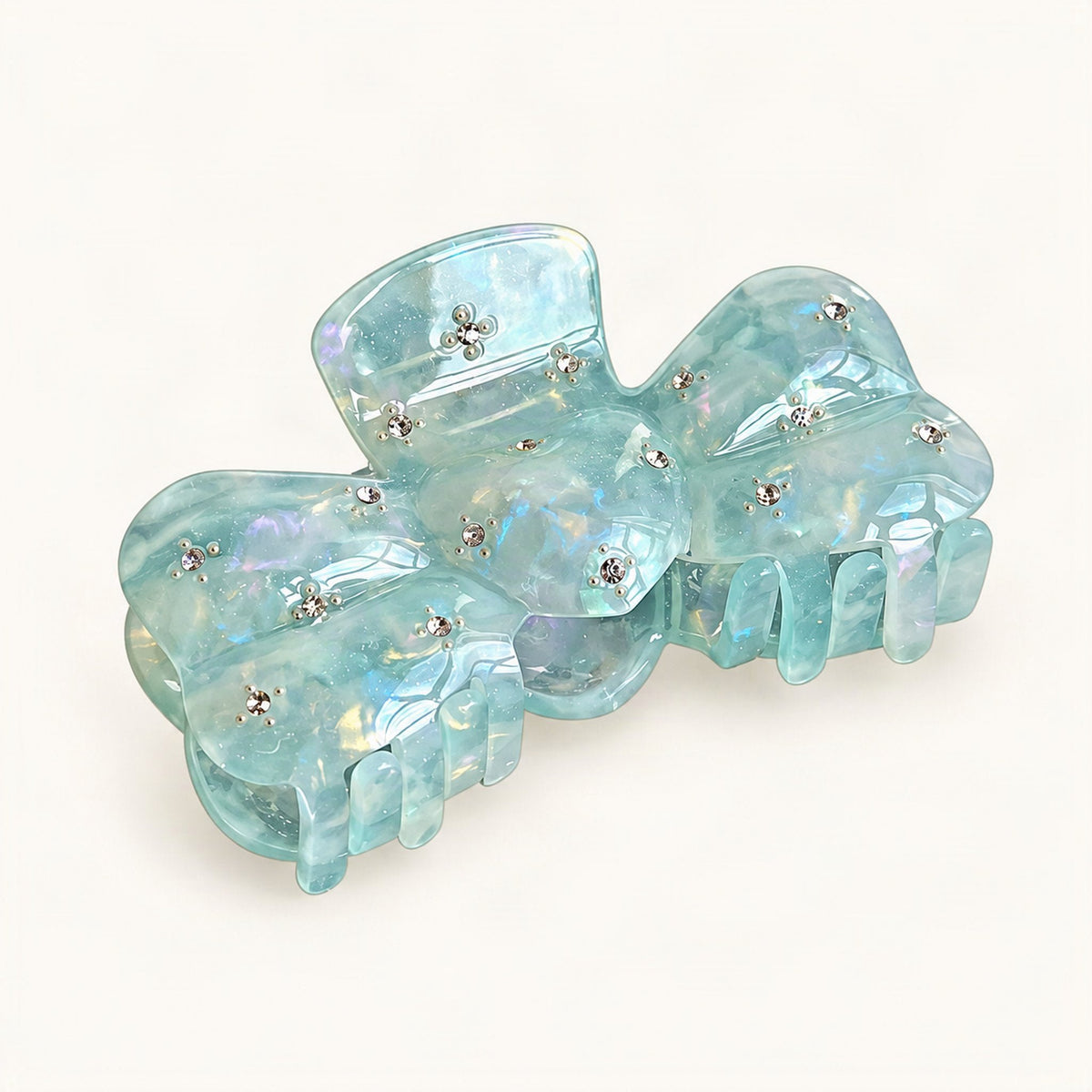 Acetate Bow Claw Clip with Starry Rhinestone Details, 3.5 in in Teal Floral [FITINY Hair]