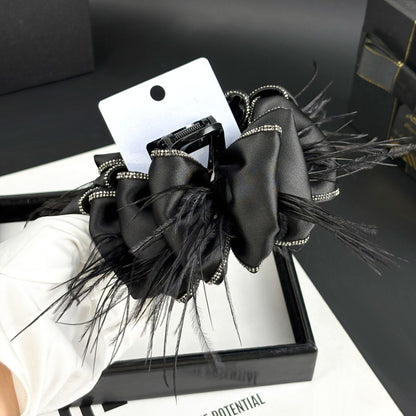 Satin Bow Feather Claw Clip with Rhinestone Trim, additional view 1