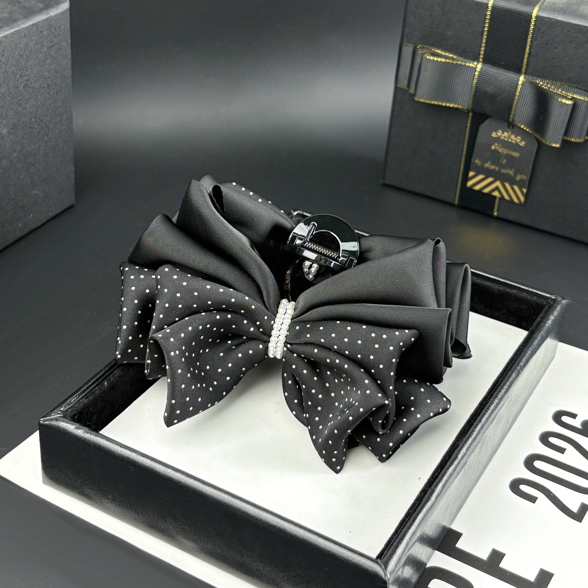 Polka Dot Bow Hair Claw Clip with Pearl Accent, additional view 2