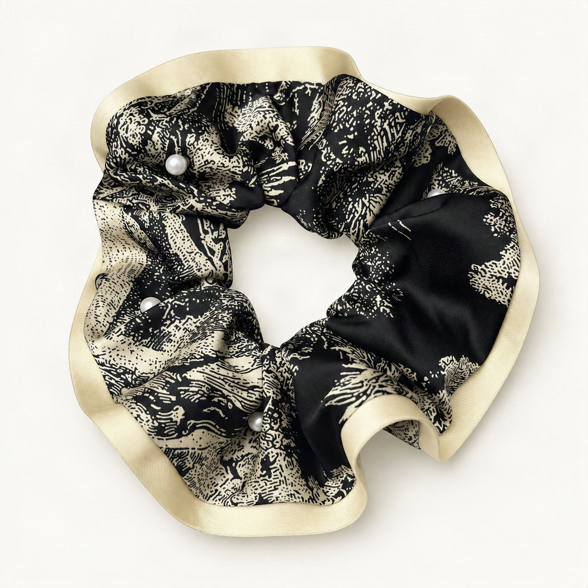Dark satin scrunchie with pale marble pattern and contrasting cream edge [FITINY Hair]
