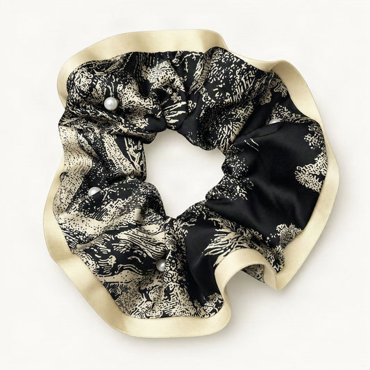 Dark satin scrunchie with pale marble pattern and contrasting cream edge [FITINY Hair]