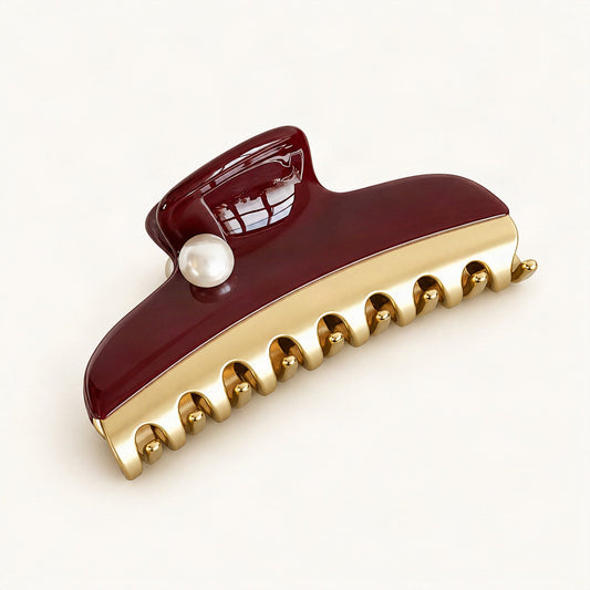 Acetate Claw Hair Clip with Faux Pearl Accent in Burgundy [FITINY Hair]