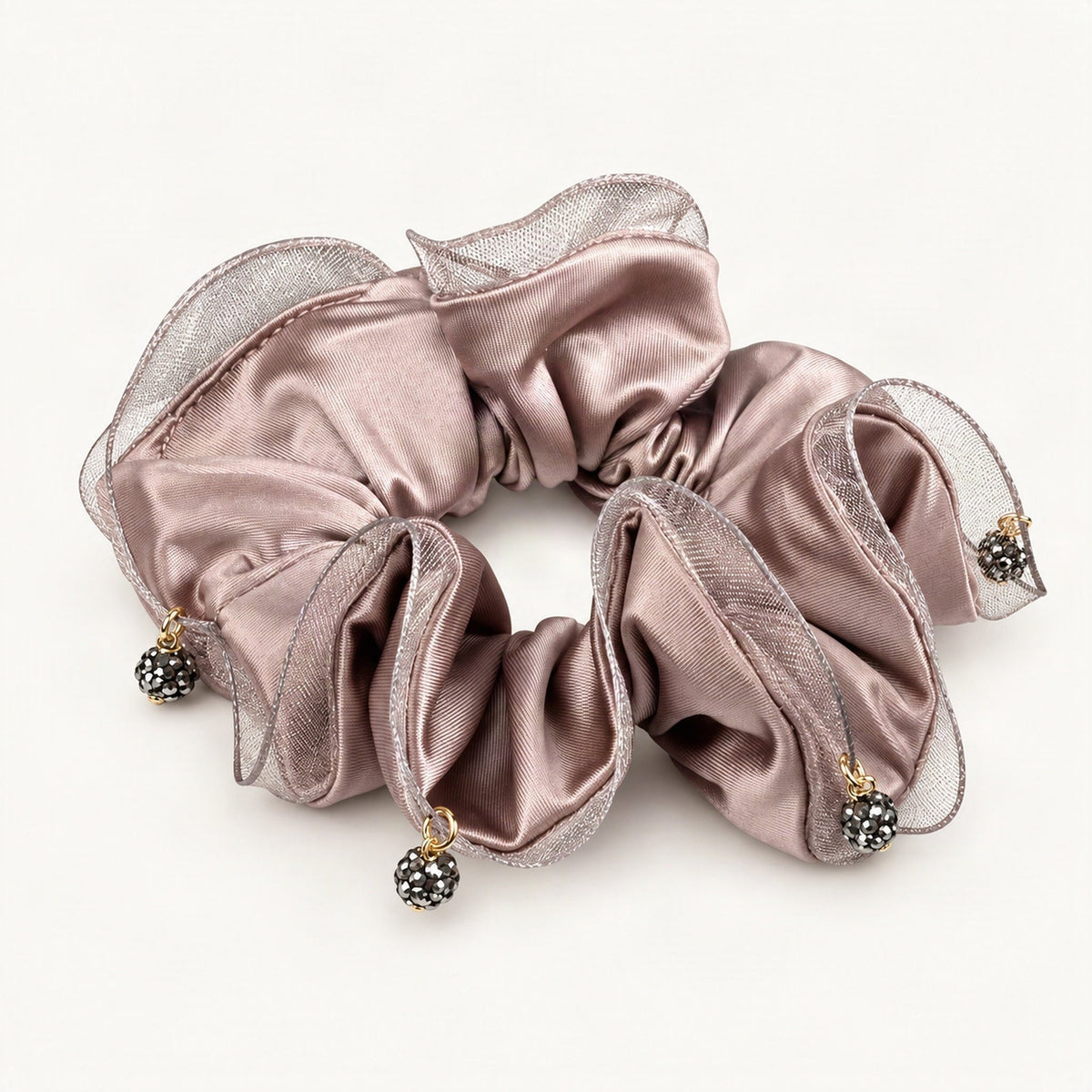 Mauve satin scrunchie with gathered ruffles and rhinestone details [FITINY Hair]