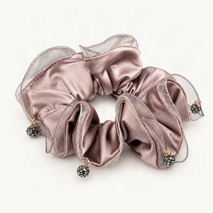 Mauve satin scrunchie with gathered ruffles and rhinestone details [FITINY Hair]