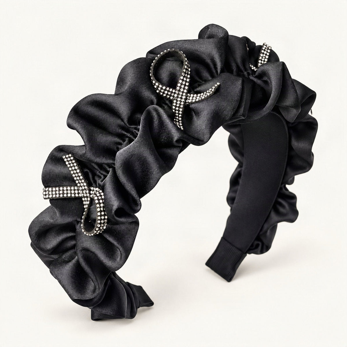 Rhinestone Bow Satin Padded Headband with Ruffled Trim in Black [FITINY Hair]